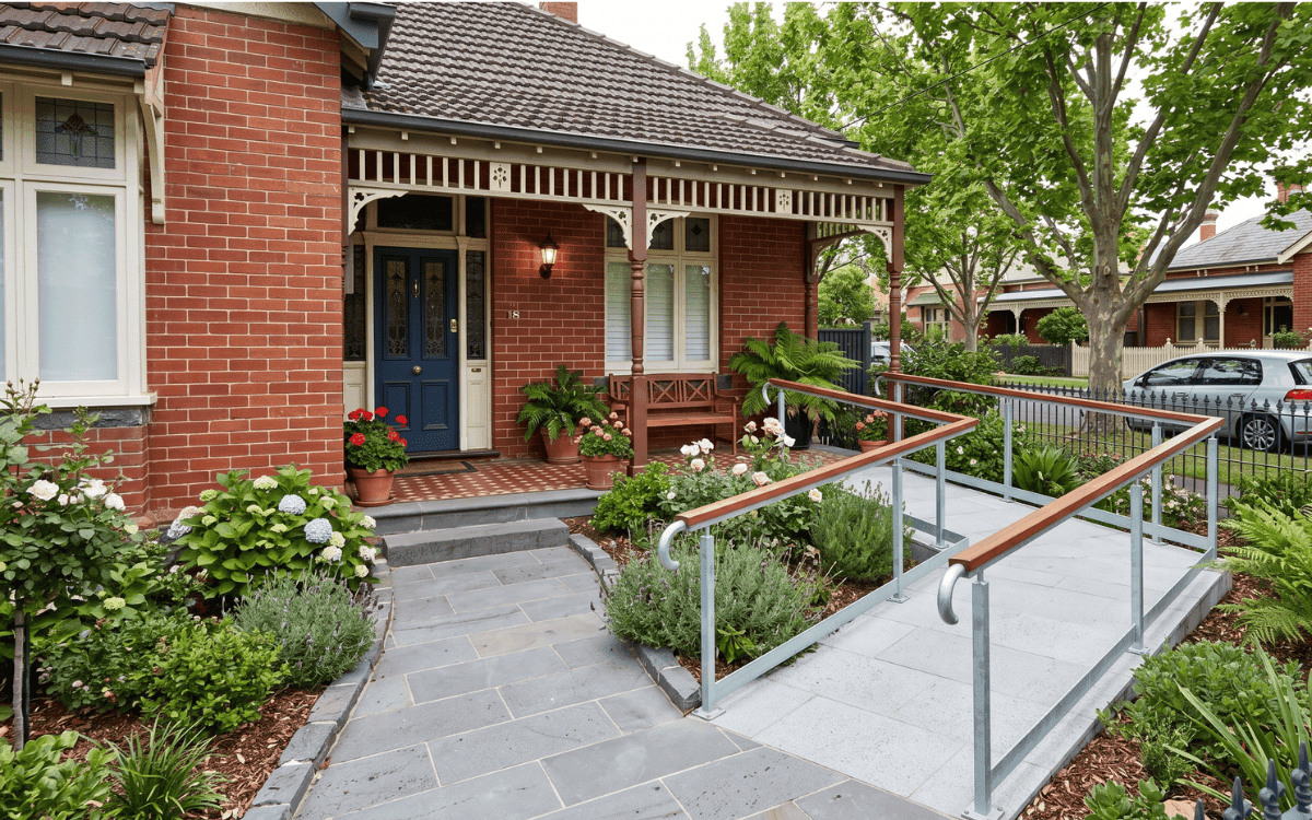 A gently graded ramp with timber-topped handrails leading to the front verandah of a red brick Melbourne home