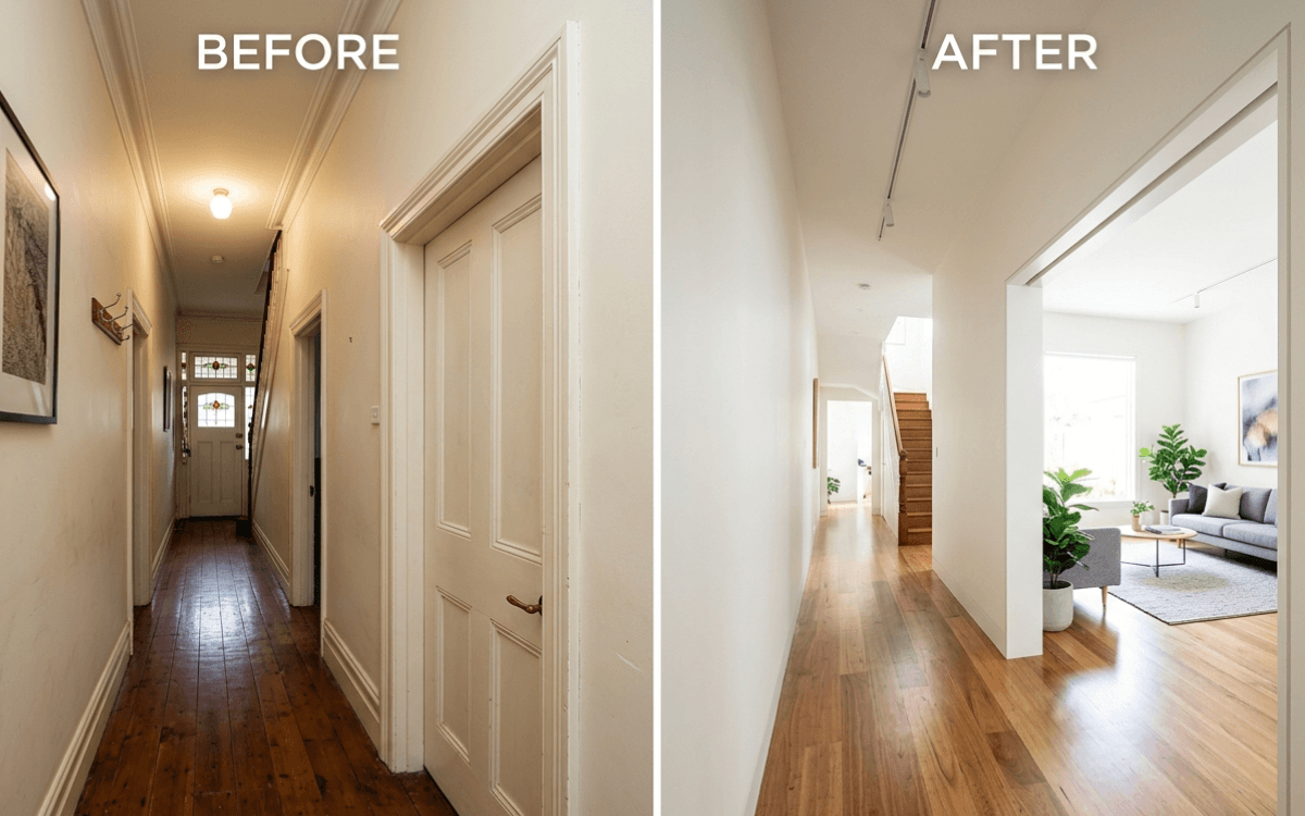 Before and after: a narrow hallway doorway, then the same opening widened for wheelchair access