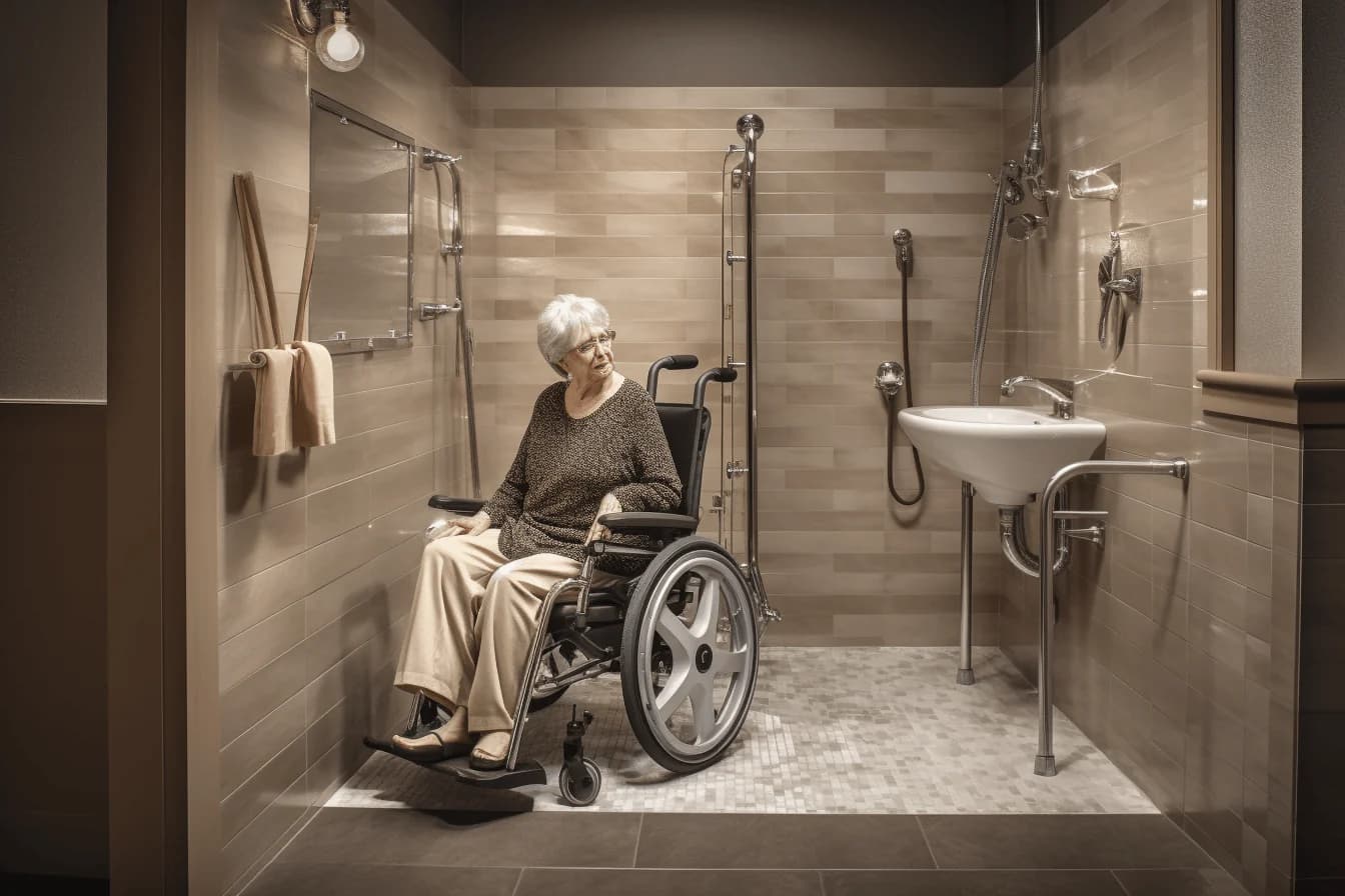 An older woman in a wheelchair in an accessible bathroom, with grab rails on the walls and a basin at seated height