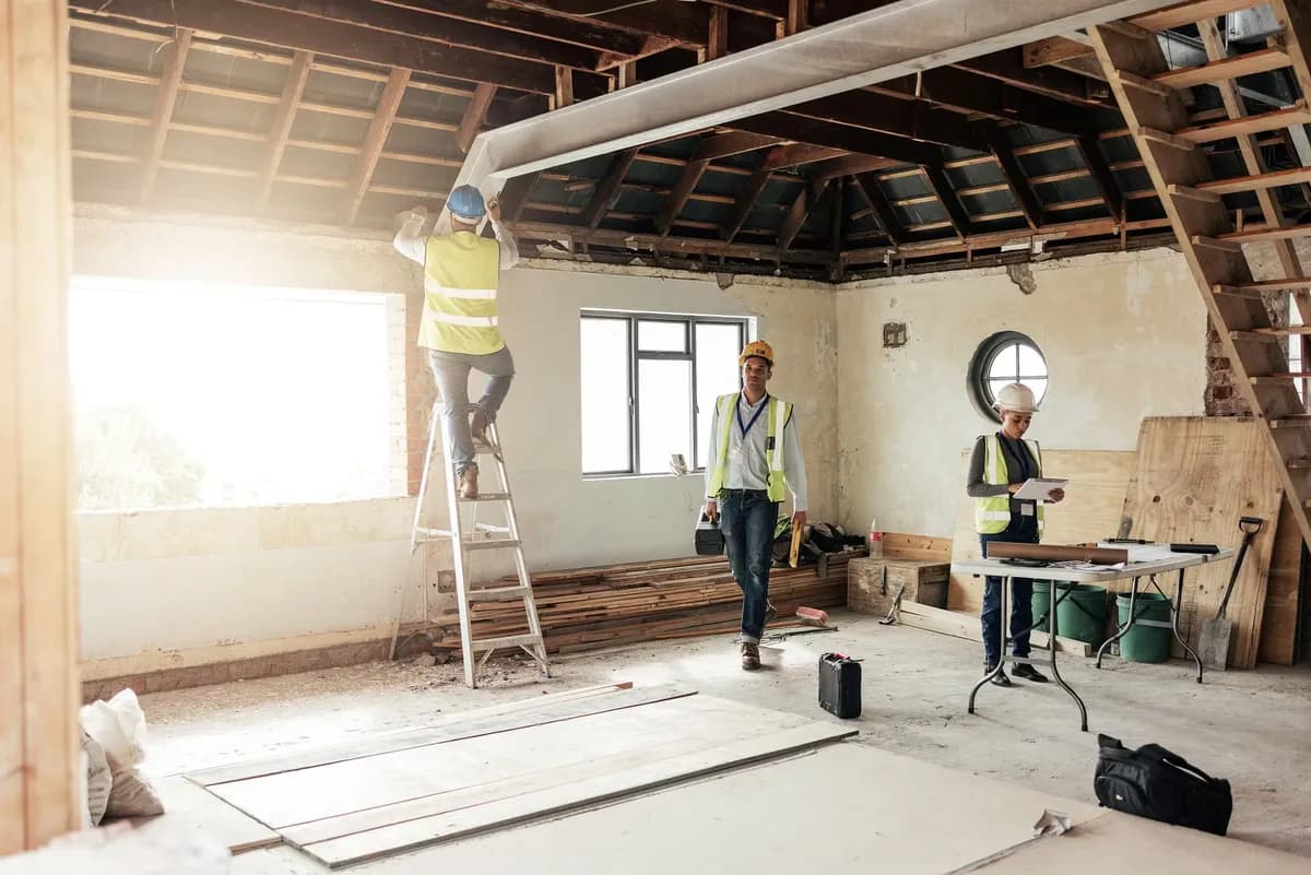 Three tradespeople in high-visibility vests working through a residential renovation, one reviewing plans at a table
