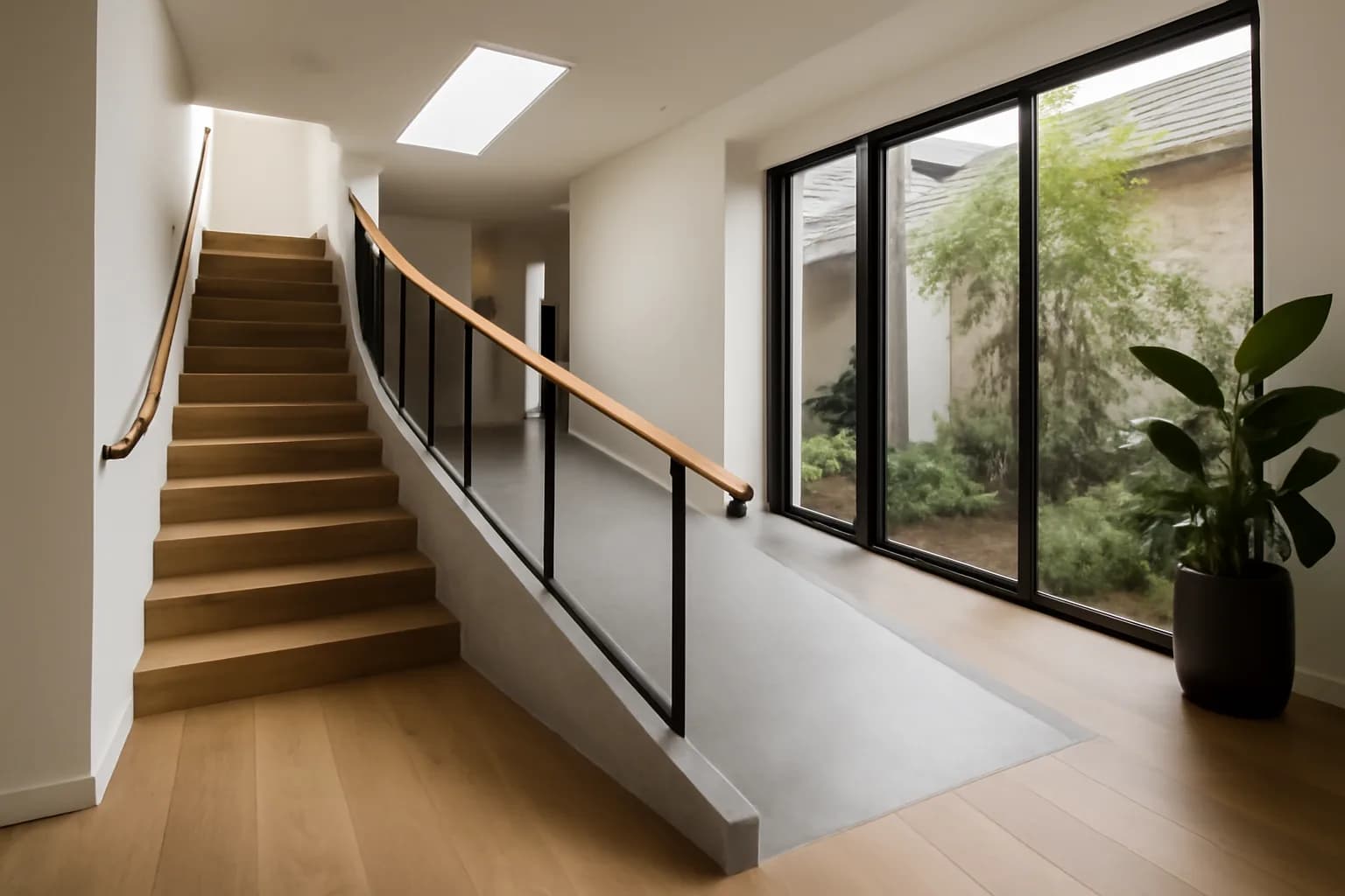 A curved timber handrail following a staircase in a bright modern home with a full-height window alongside