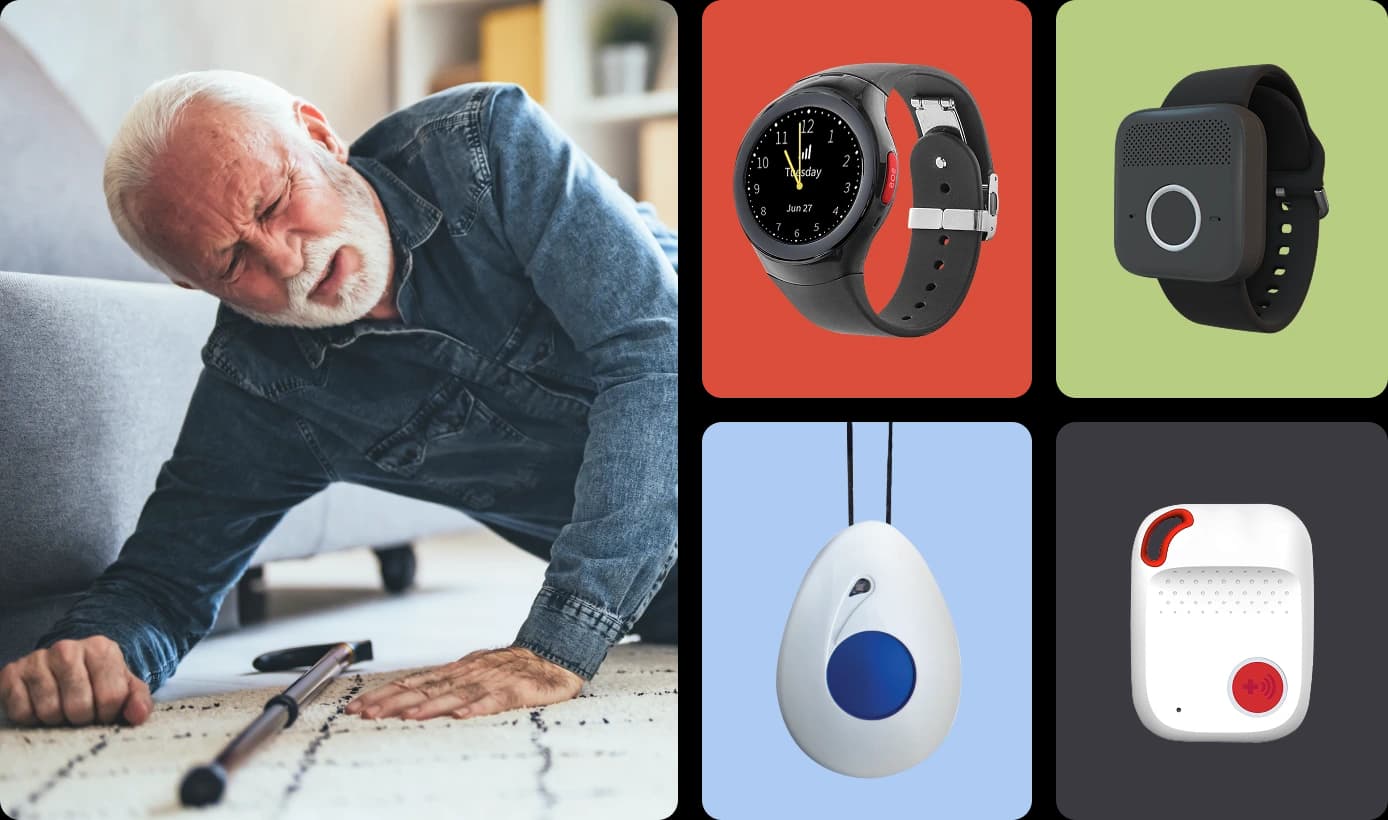An older man who has fallen on a timber floor, beside four fall-detection devices: a watch, band, pendant, and alarm