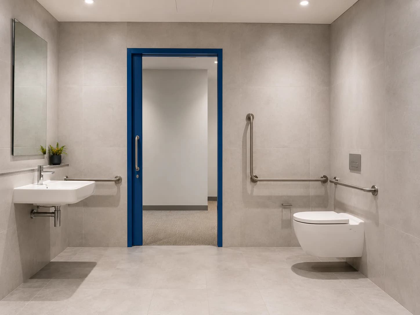 Accessible washroom with stainless steel grab rails, a wall-hung pan, and a wide doorway