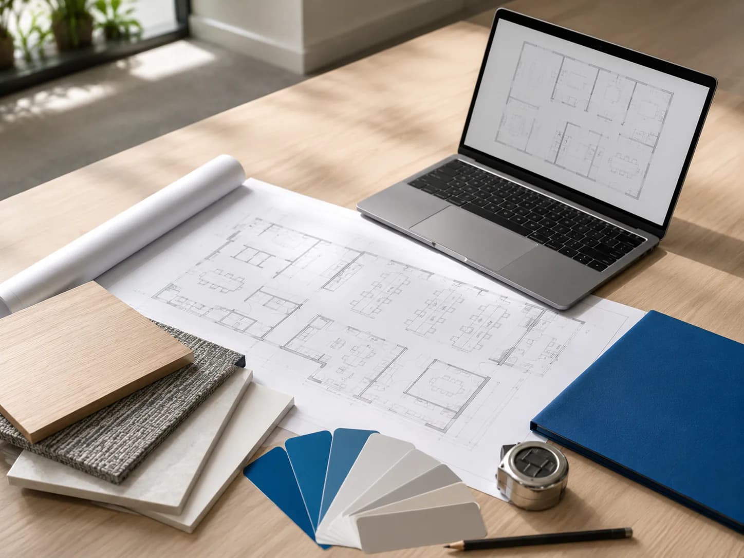 Office floor plan, timber and carpet samples, and paint swatches laid out on a design table