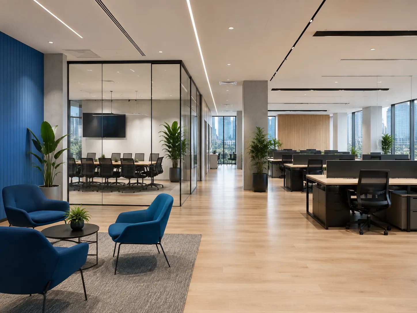 Open-plan office fitout with timber floors, blue lounge chairs, and a glass-walled meeting room