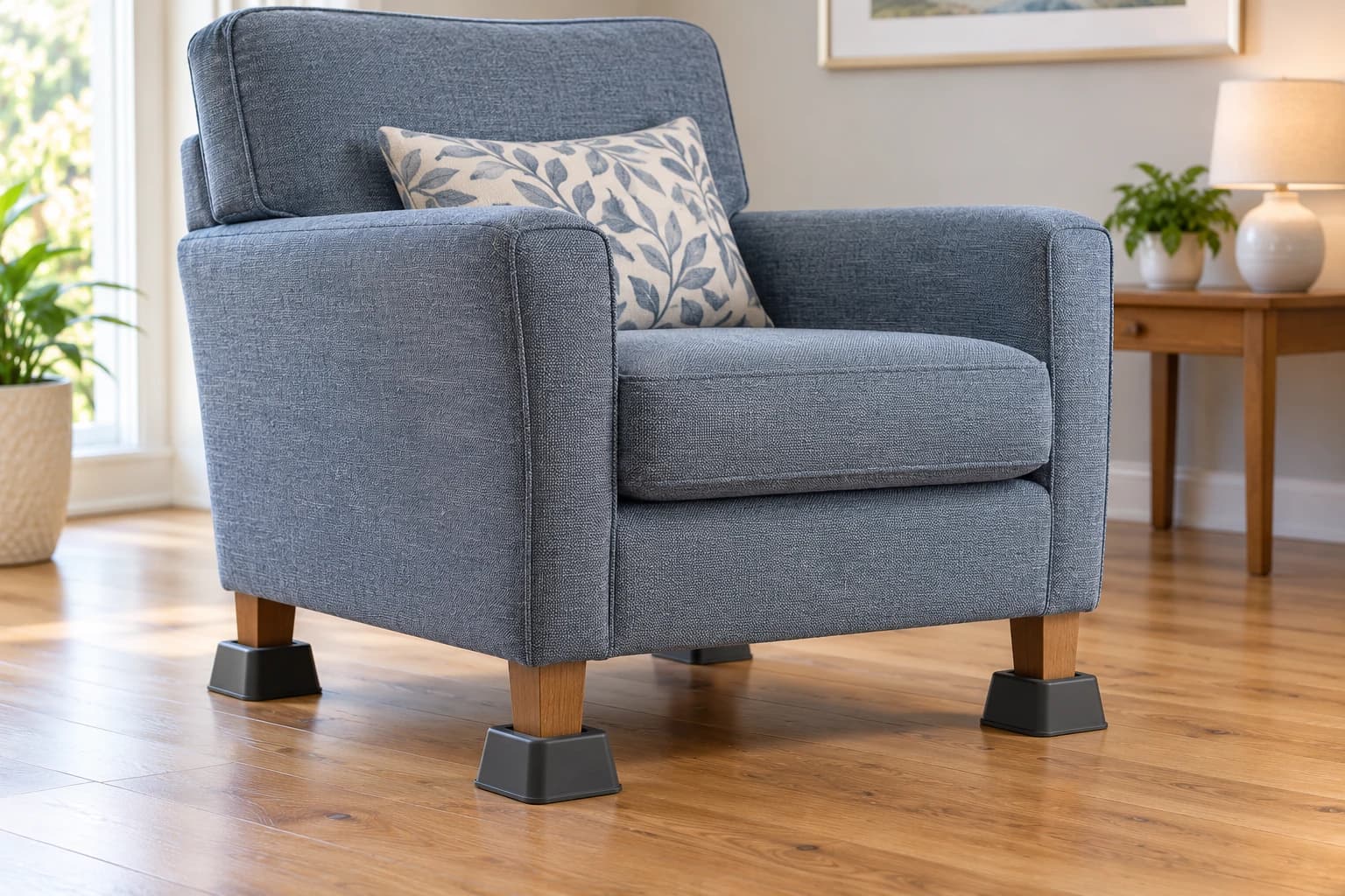 A blue-grey upholstered armchair with its four straight timber legs seated in low dark-grey furniture raisers on a timber floor