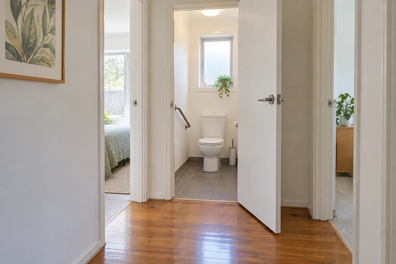 A separate toilet off a hallway, its door swung outwards and the space in front of the toilet clear