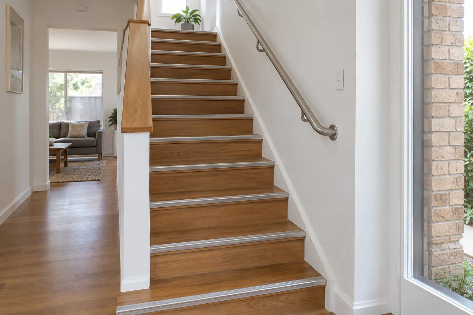 An internal timber staircase with an aluminium nosing on every tread and a stainless wall handrail