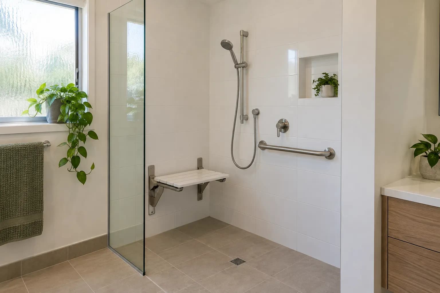 A walk-in shower with a fold-down seat, a stainless grab rail, and a handheld shower on a rail