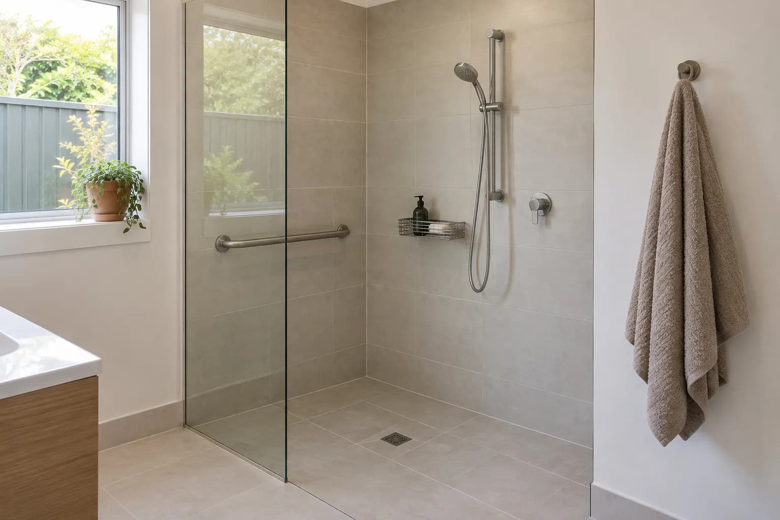 A walk-in shower with a handheld shower on a sliding rail, a stainless basket, a grab rail, and a towel hook