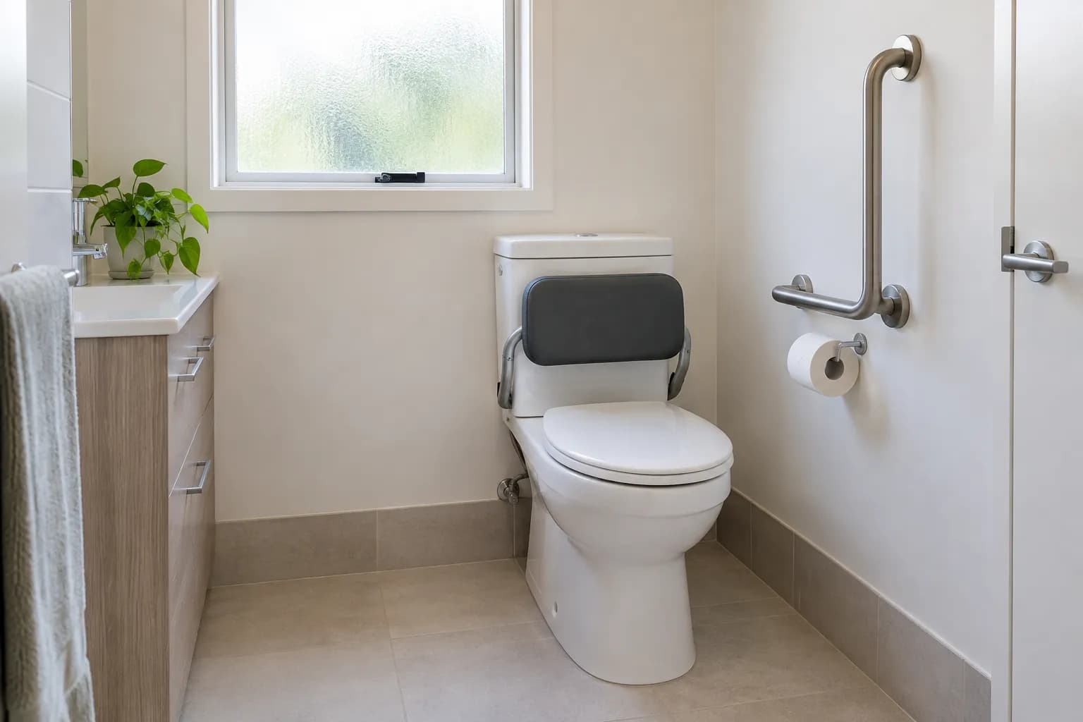A toilet with a padded backrest, a toilet roll holder, and an L-shaped grab rail on the wall beside it