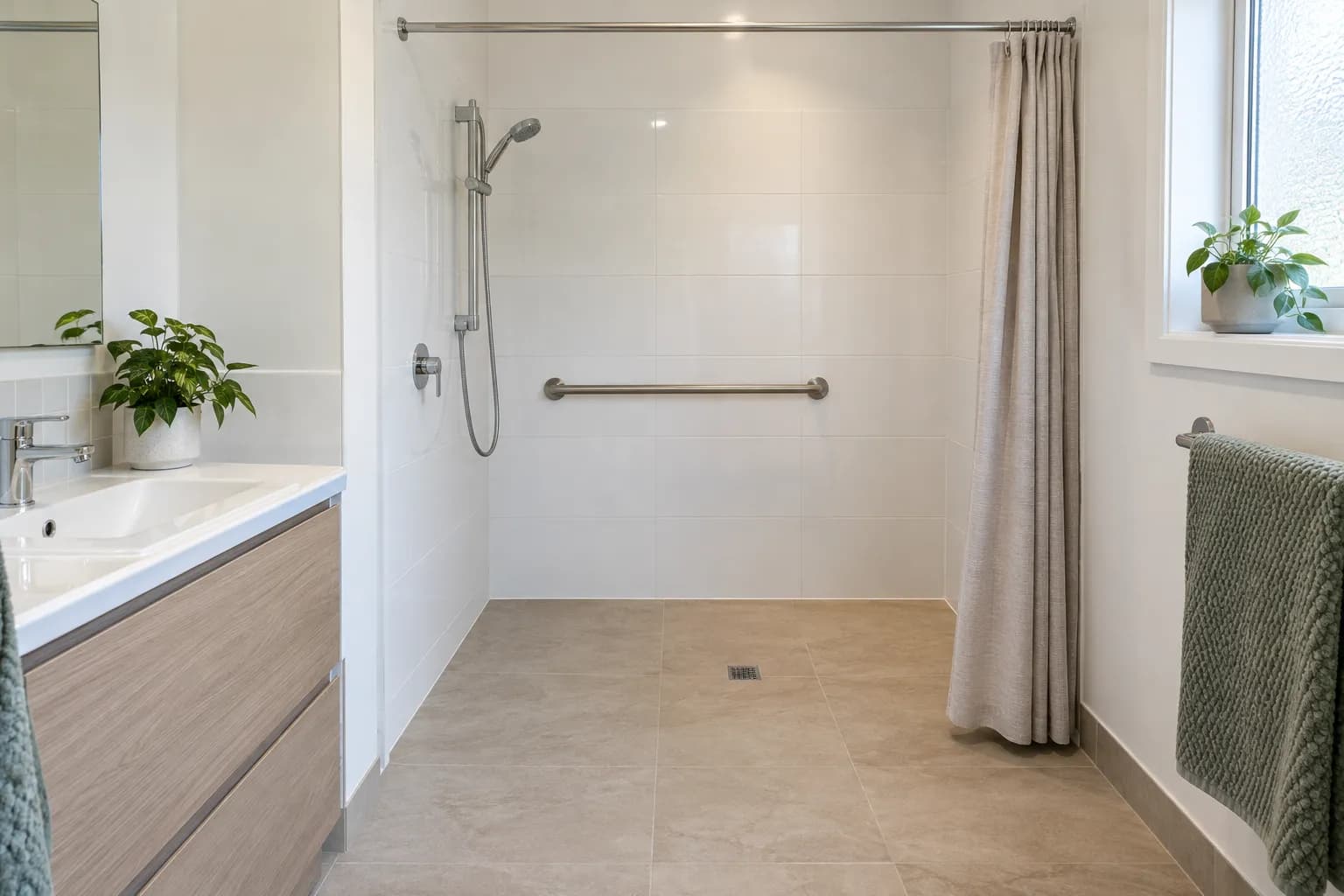 A screenless walk-in shower with a grab rail, a handheld shower, and a curtain pulled back to one side