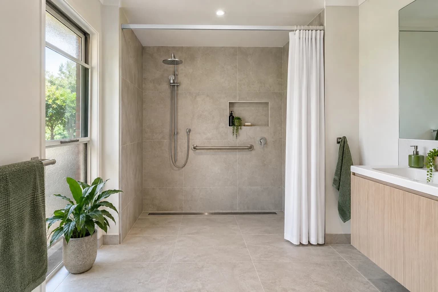 A walk-in shower with a white curtain on a straight ceiling track, drawn back to leave the entry open
