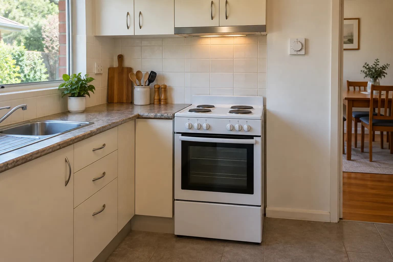 A white freestanding electric cooker in a kitchen, with a small white timer control on the wall beside it