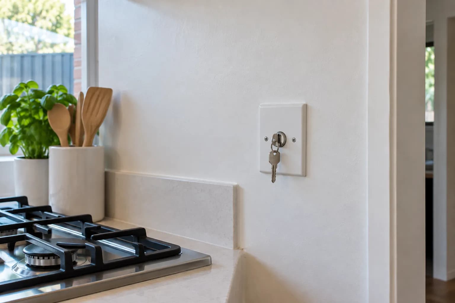 A white wall plate with a key switch and key in it, on a kitchen wall beside a gas cooktop