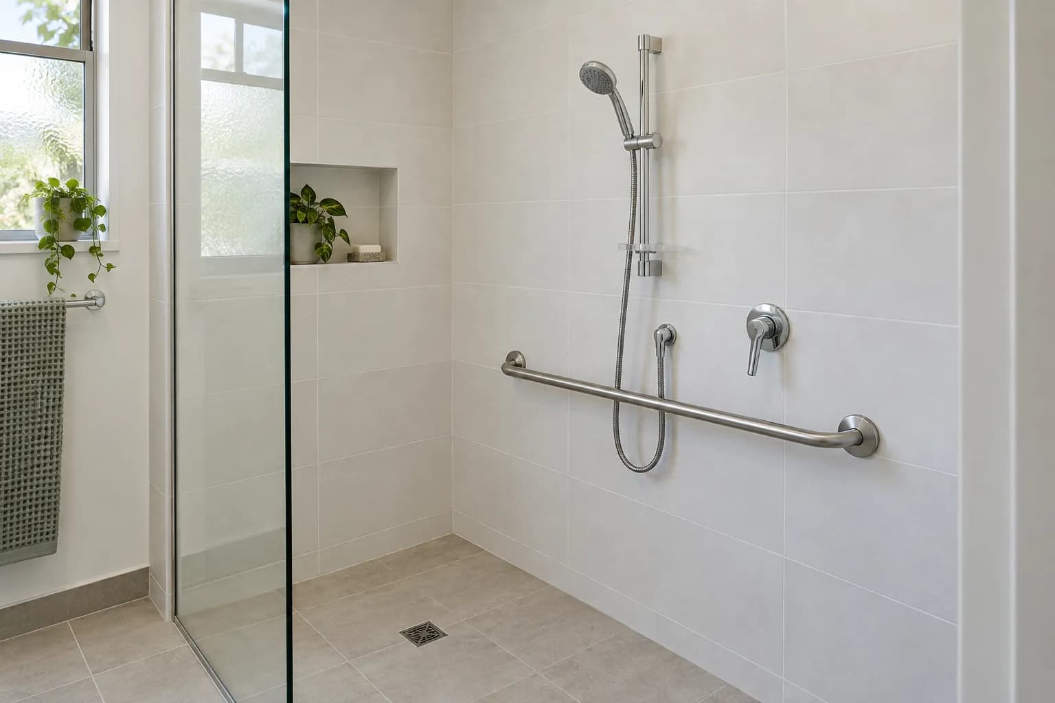 A level-entry tiled shower with a lever mixer, a handheld shower on a sliding rail, and a stainless grab rail