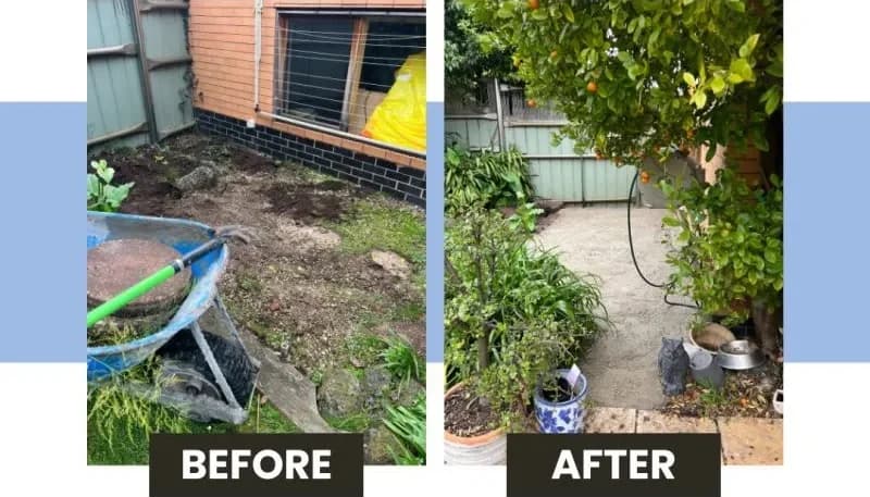 A clear, widened approach to a doorway at a Melbourne home, seen before and after the path was cleared