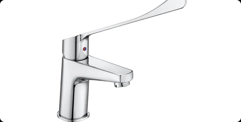 A chrome basin mixer tap with a 270mm extended lever