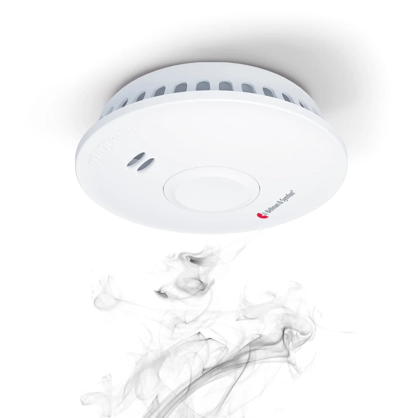 A Bellman smoke alarm on a ceiling with a wisp of smoke rising towards it
