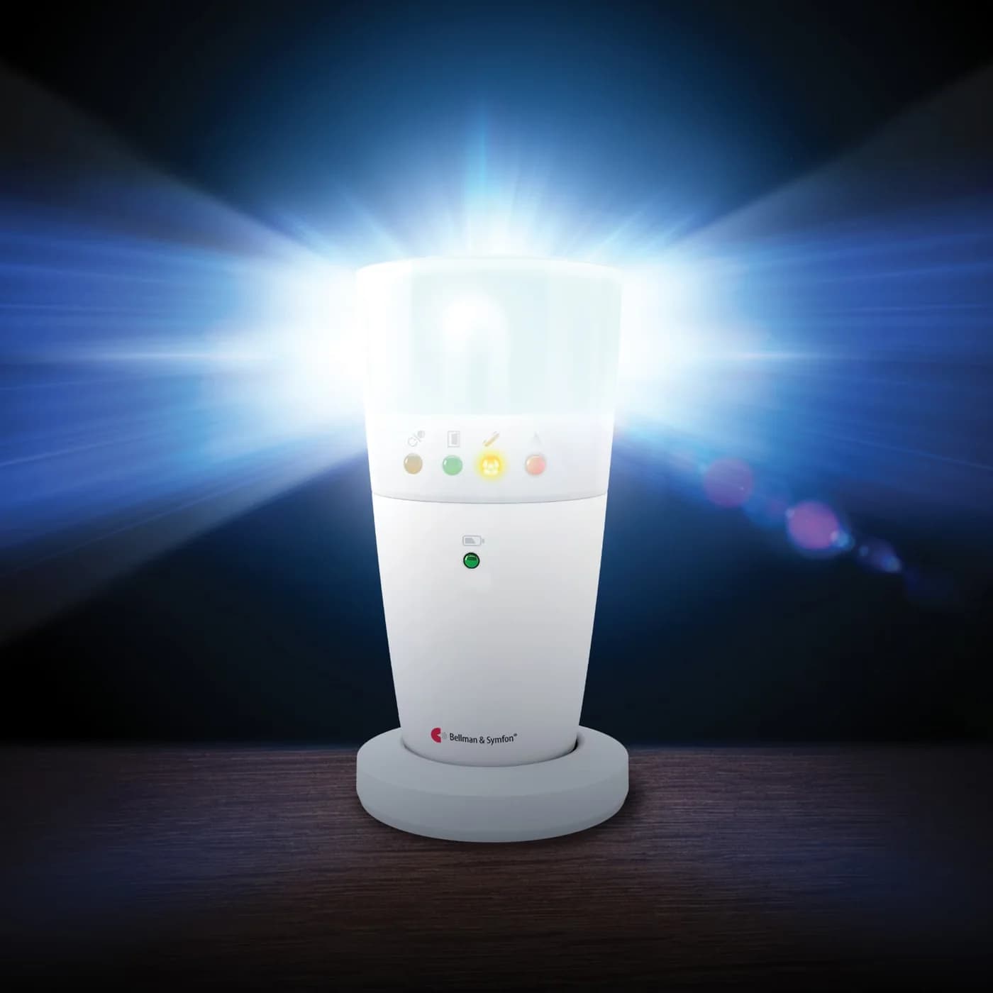 A Bellman Visit flash receiver sending out an intense flash of light in a dark room