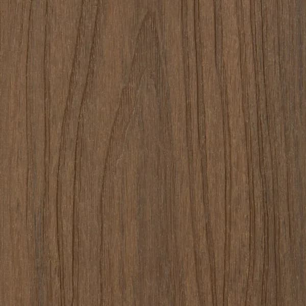 Composite decking board in Leatherwood, a natural brown woodgrain finish