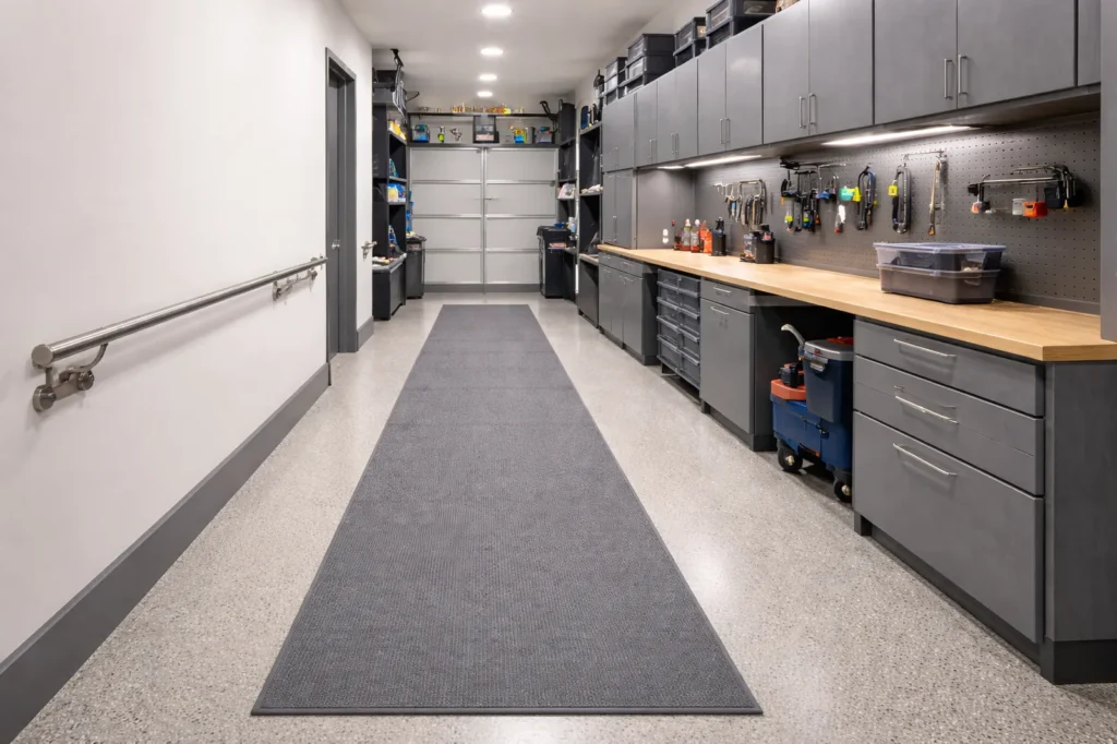 clean garage walking lane with wall storage, lever handle hardware, and a slimline handrail